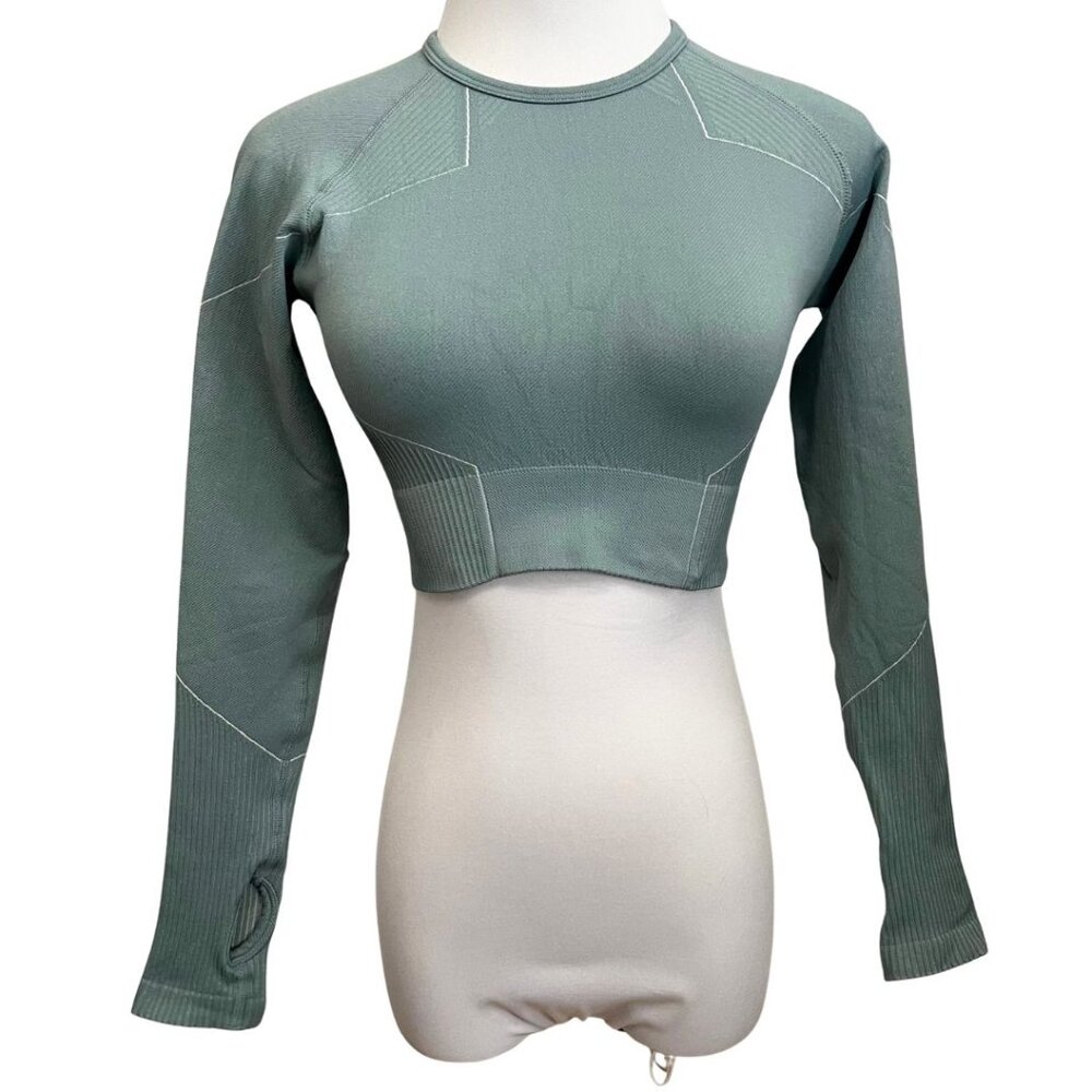 AYBL REFLEX SEAMLESS LONG SLEEVE CROP ATHLETIC TOP IN DUSTY MINT GREEN - S